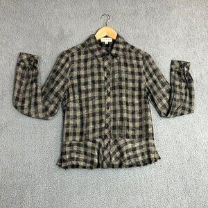 Cloth & Stone Brown Black Plaid Long Sleeve Raw Fringe Hem Flannel Top Size XS